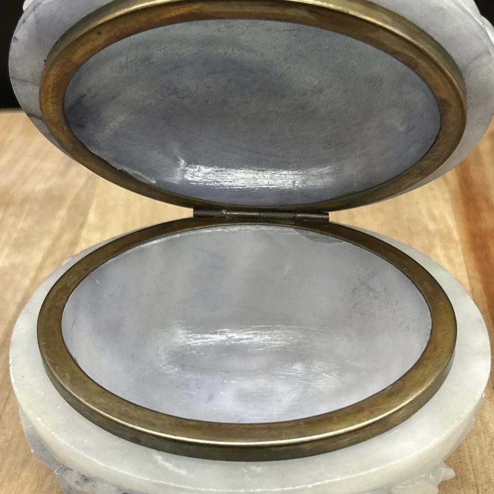Vintage alabaster Trinket Box With Hinged Lid Carved Stone